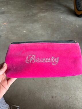 Victoria's Secret Hot Pink Velvet Cosmetic Pouch with Rhinestone "Beauty"